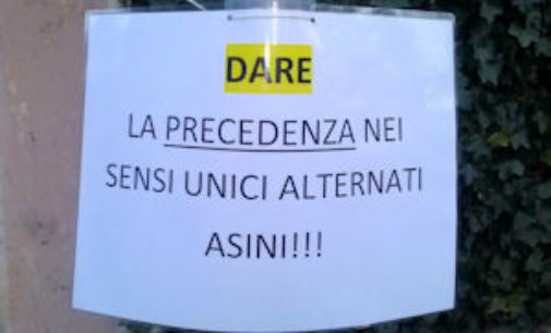 SALICE TERME 13/02/2015: Strada stretta ma nessuno rispetta i segnali… e qualcuno scrive “Asini”