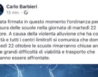 VOGHERA 21/10/2019: AVVISO. Causa nubifragio domani 22/10 le scuole resteranno chiuse