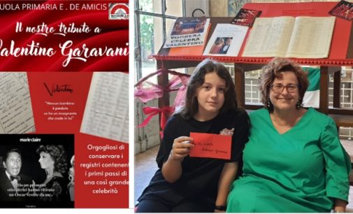 VOGHERA 23/05/2022: La primaria De Amicis mette in mostra i registri scolastici in cui compare l’alunno Valentino Garavani. Due alunne di quinta hanno anche scritto allo stilista